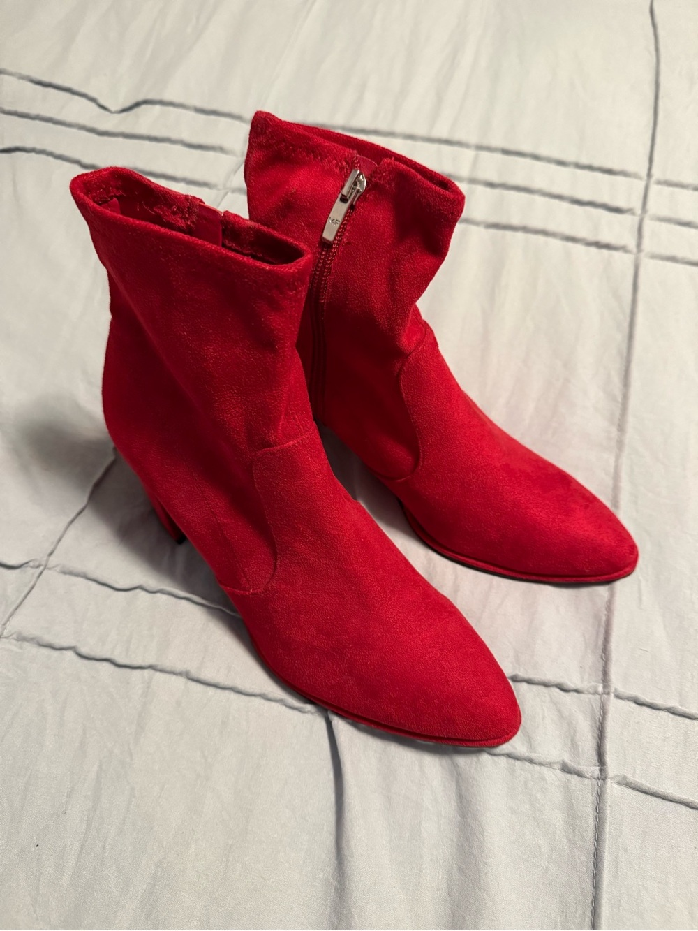 Marc Fisher Red Suede Pointed-Toe Ankle Booties with Side Zip